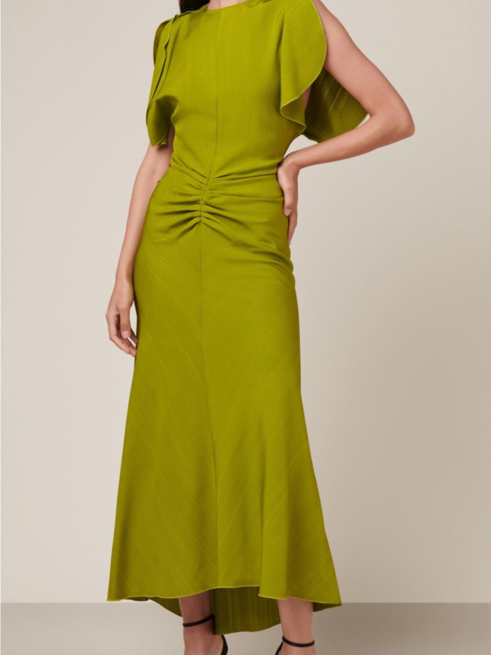 Victoria Beckham Chartreuse Ruched Maxi Dress with Flutter Sleeves